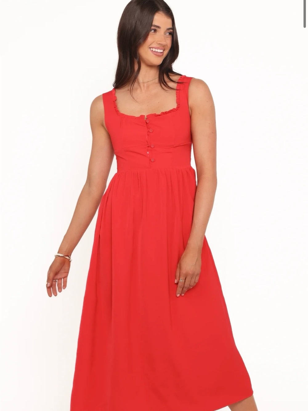 Petal & Pup melrose Red midi Dress Square-Neck with Button Bodice